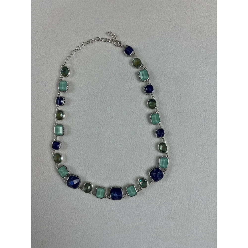Blue Green‎ Stone Necklace Silver Tone Fashion Jewelry Adjustable